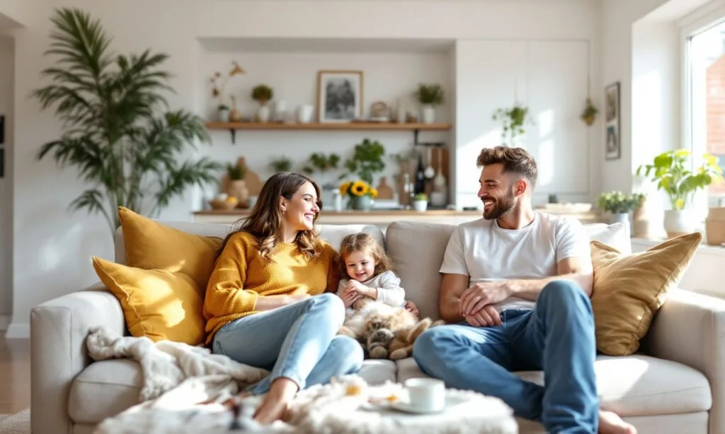 A family relaxing together in the living room of their home