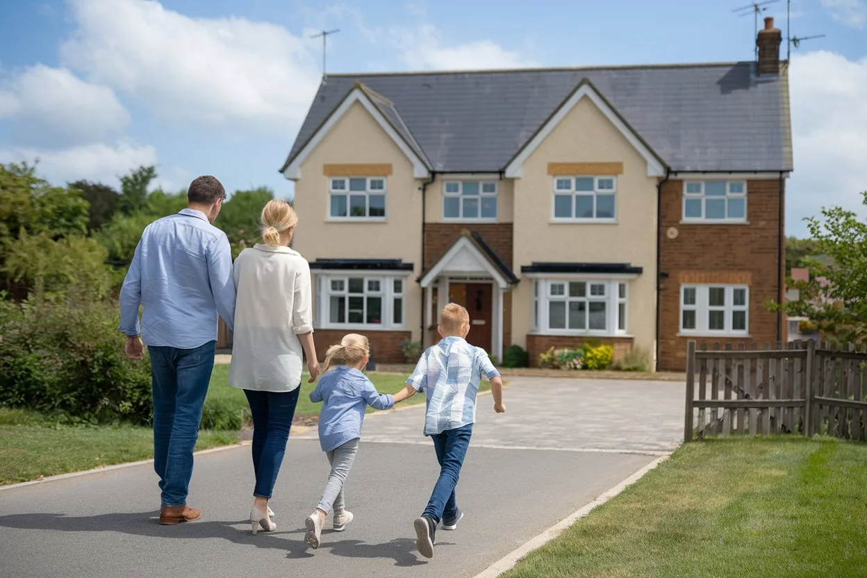 A family outside their new home